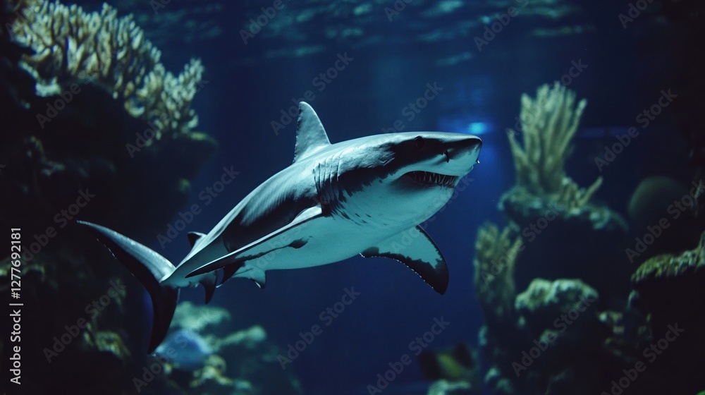 Naklejka premium Majestic Shark in Deep Blue Ocean Aquarium