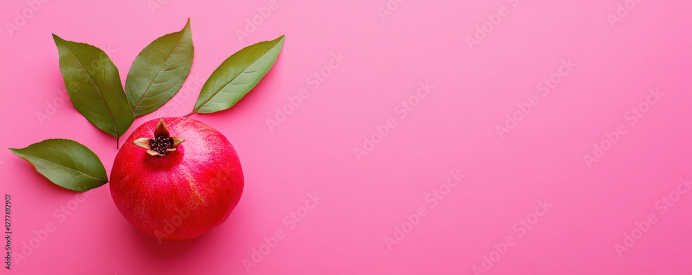 single pomegranate with green leaves on bright pink background, showcasing vibrant colors and natural beauty. This composition evokes freshness and vitality