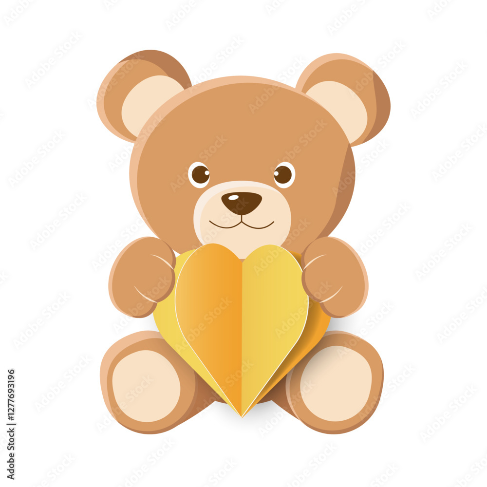 Fototapeta premium Cartoon Teddy Bear with 3D Heart Isolated on White Background. Icon Bear Plush Toy in Flat Style. Brown Animal with Paper Cut Heart. Vector Illustration is suitable for Kids Birthday, Invitation.