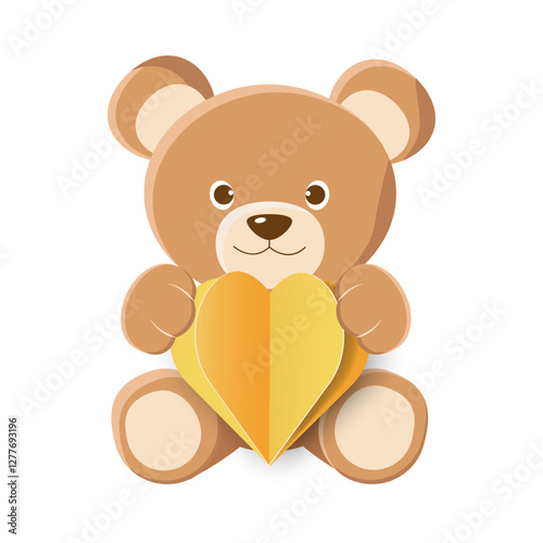 Cartoon Teddy Bear with 3D Heart Isolated on White Background. Icon Bear Plush Toy in Flat Style. Brown Animal with Paper Cut Heart. Vector Illustration is suitable for Kids Birthday, Invitation.