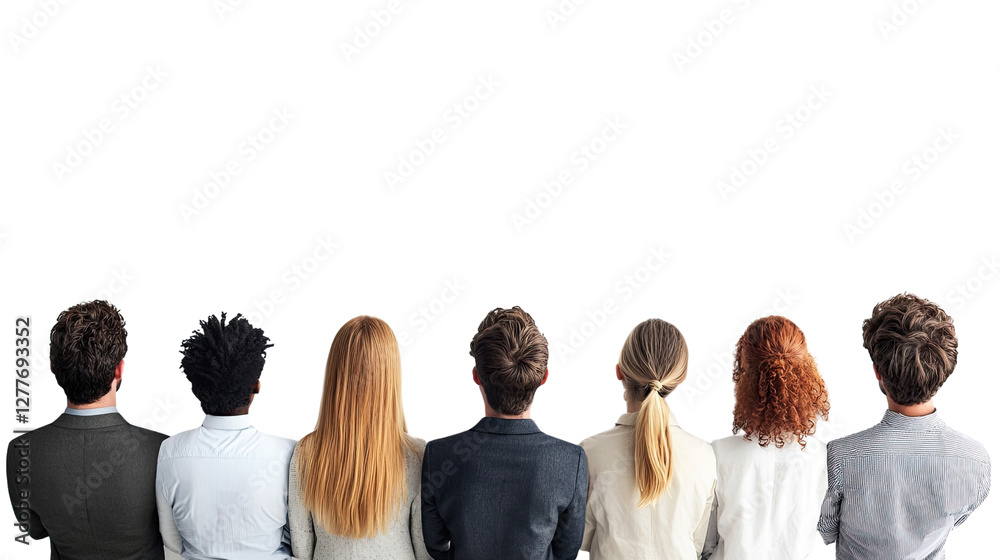Obraz premium Seeking a shared vision: A diverse group of individuals, viewed from behind, gazes upward, fostering anticipation for a common aspiration, with the future in mind.