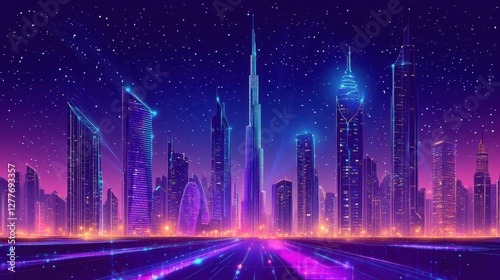 Futuristic cityscape glows with neon lights against a starry sky