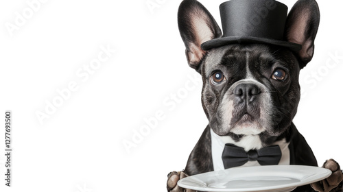 The Well-Mannered Pup: A charming French bulldog, impeccably dressed in a tuxedo and top hat, offers an empty plate, exuding an air of refined service and playful sophistication.