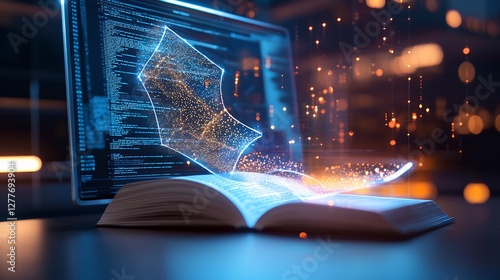 Digital Open Book With Glowing Particles and Laptop Displaying Abstract Data in Background