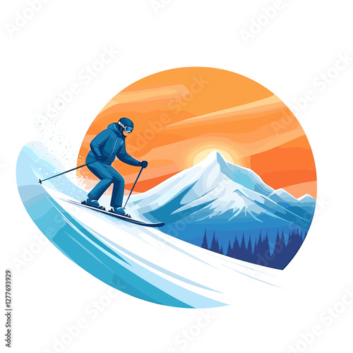 Skier racing downhill on a snowy mountain at sunset