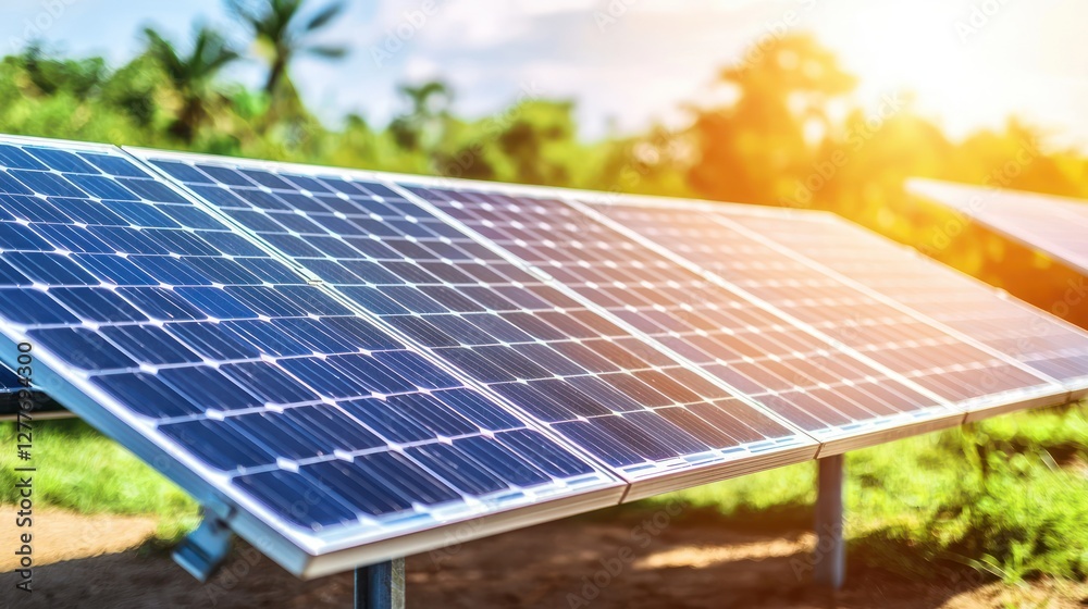 Solar panel array harnessing sun energy in rural landscape for sustainable power generation Solar panel array harnessing sun energy in rural landscape for sustainable power generation