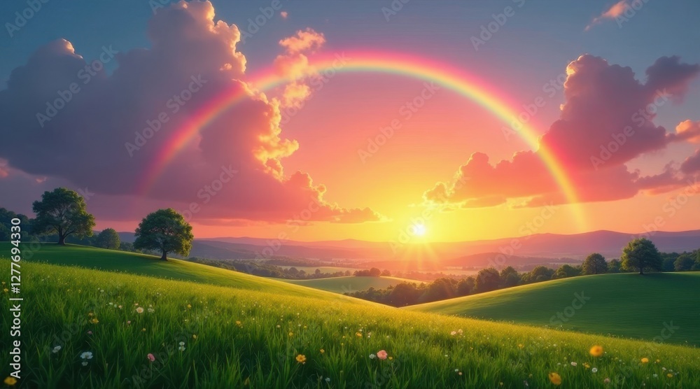 Obraz premium Serene Sunset Landscape with Vibrant Rainbow Arcing Over Rolling Hills and Lush Green Meadow Featuring Solitary Trees