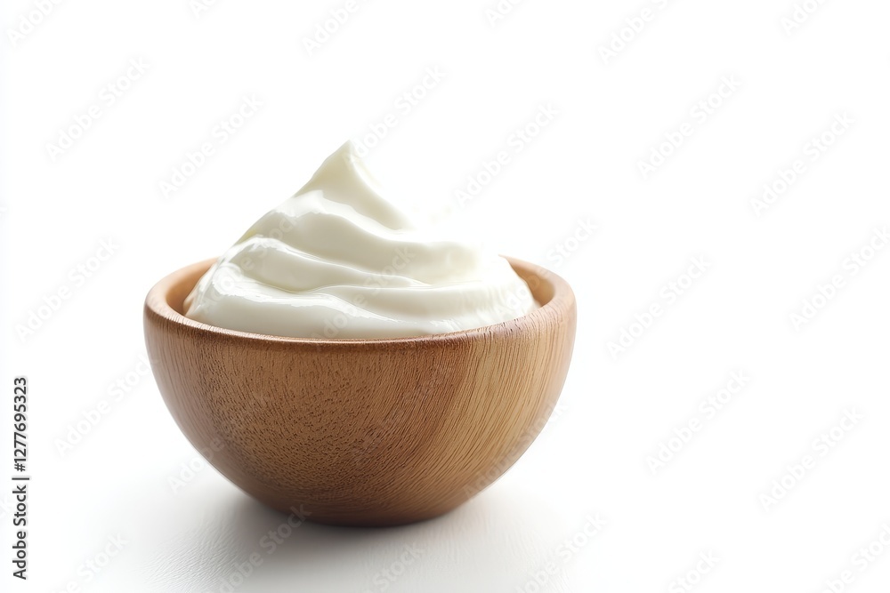 Creamy Yogurt in Wooden Bowl - A bowl of creamy, white yogurt sits on a white background. Perfect for healthy food, dairy product, and recipe websites Creamy Yogurt in Wooden Bowl - A bowl of creamy, white yogurt sits on a white background. Perfect for healthy food, dairy product, and recipe websites