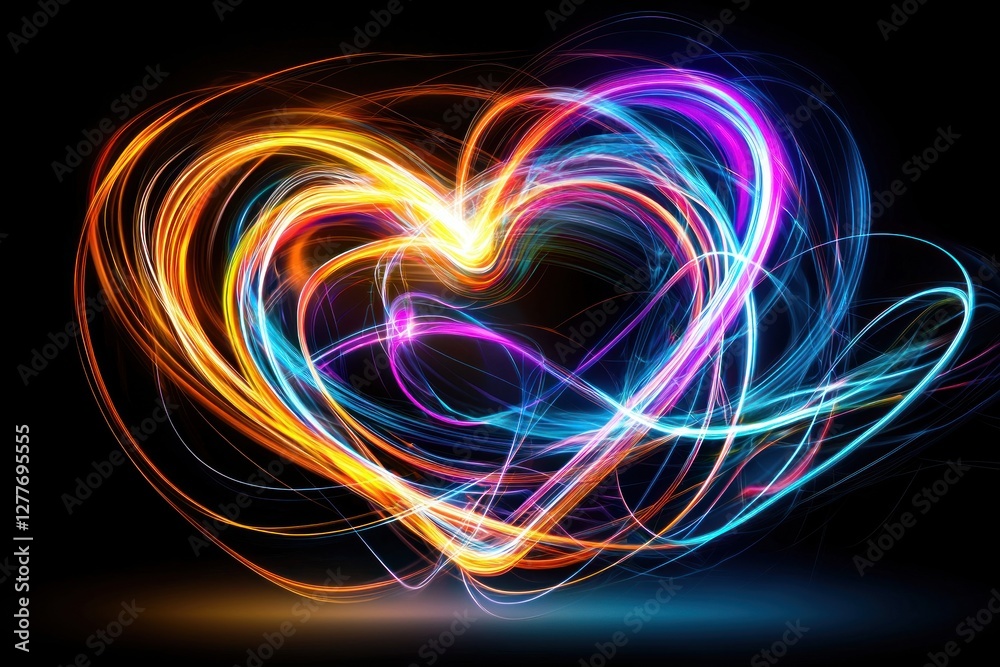 Luminous heart shape formed by vibrant light trails on a dark background creating a romantic and energetic mood perfect for love themes and digital art Luminous heart shape formed by vibrant light trails on a dark background creating a romantic and energetic mood perfect for love themes and digital art
