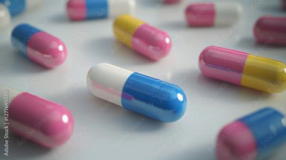 Close-up of colorful capsules scattered on white background. Close-up of colorful capsules scattered on white background.