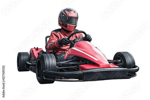 Child racing go kart in motion at a track