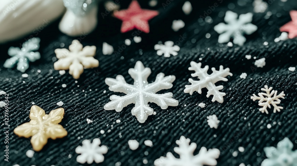 Fototapeta premium Festive Winter Snowflakes on Black Fabric Holiday Background