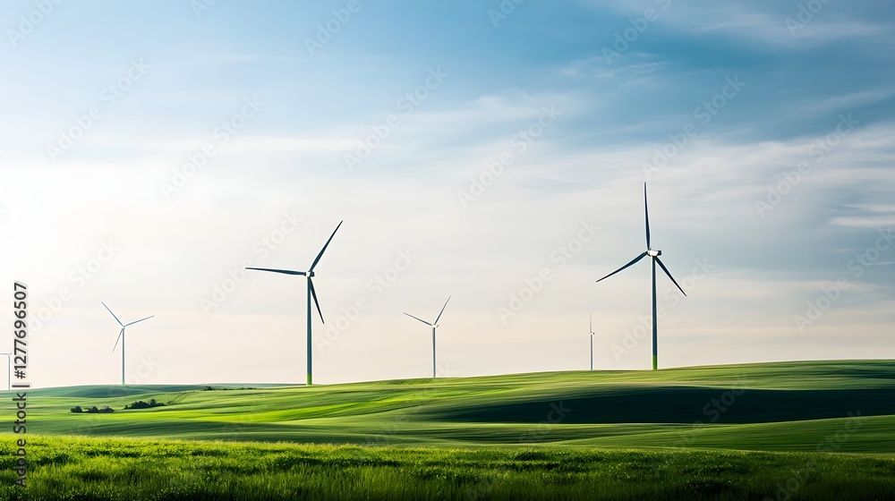 Serene Landscape with Wind Turbines Under a Clear Sky Symbolizing Renewable Energy – Generative AI Serene Landscape with Wind Turbines Under a Clear Sky Symbolizing Renewable Energy – Generative AI