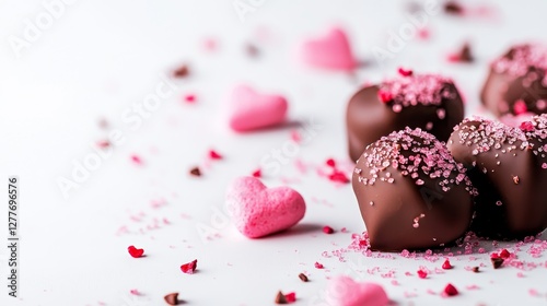 Heart-shaped marshmallows dipped in chocolate, sprinkled with pink sugar, isolated on a crisp white surface, bright and clean look