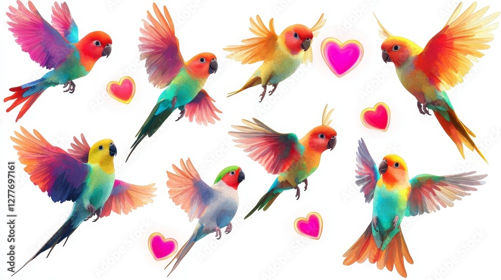 A collection of lovebirds flying in pairs, holding glowing neon hearts with their beaks, vivid colors, isolated on white A collection of lovebirds flying in pairs, holding glowing neon hearts with their beaks, vivid colors, isolated on white