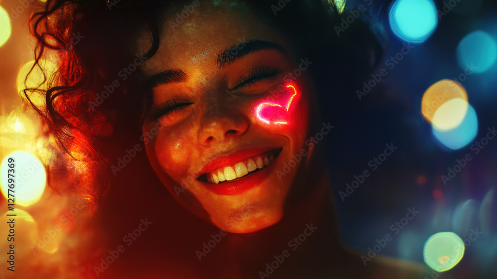 Joyful young woman with curly hair and a radiant smile surrounded by romantic glowing lights. Joyful young woman with curly hair and a radiant smile surrounded by romantic glowing lights.