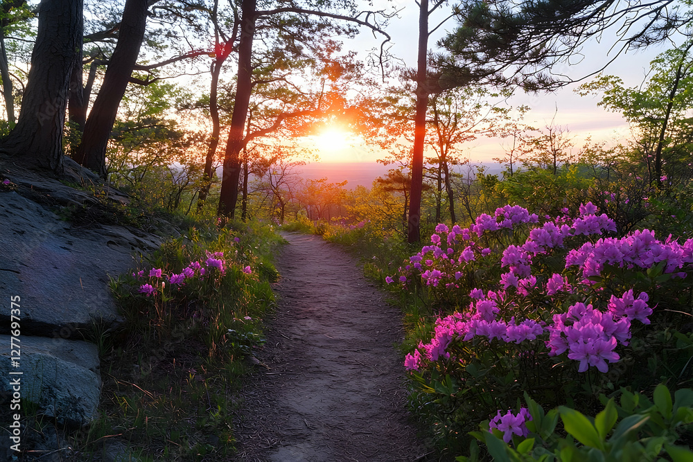 Fototapeta premium Sunset hike, mountain trail, rhododendrons, peaceful scene, nature