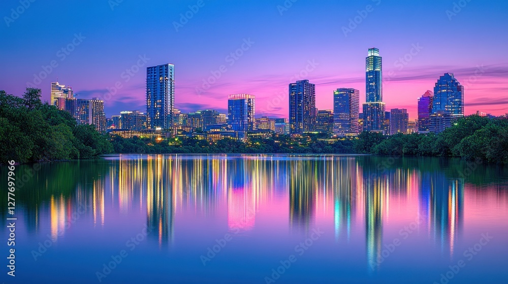 Obraz premium city Skyline at Dusk: A Serene Reflection