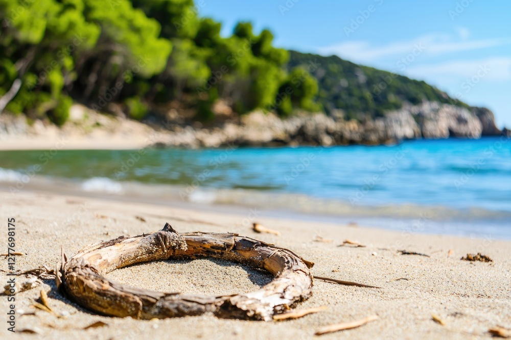 Serene Beach Scene with Wooden Ring on Sandy Shoreline Tranquil Waters and Lush Greenery Under Clear Blue Sky Serene Beach Scene with Wooden Ring on Sandy Shoreline Tranquil Waters and Lush Greenery Under Clear Blue Sky
