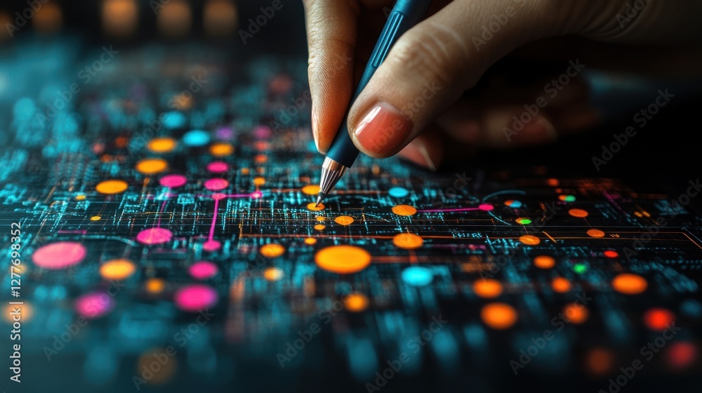 Fototapeta premium Designing the Future: A Hand Sketches on a Futuristic Digital Interface