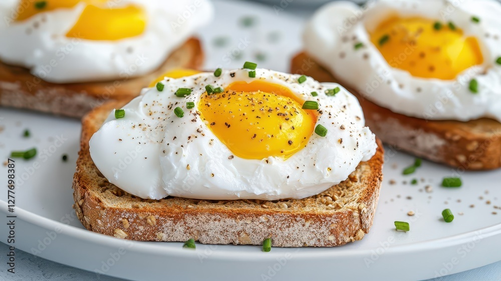 Detailed view of poached eggs on whole grain toast, preparation, protein-packed, 3D illustration Detailed view of poached eggs on whole grain toast, preparation, protein-packed, 3D illustration