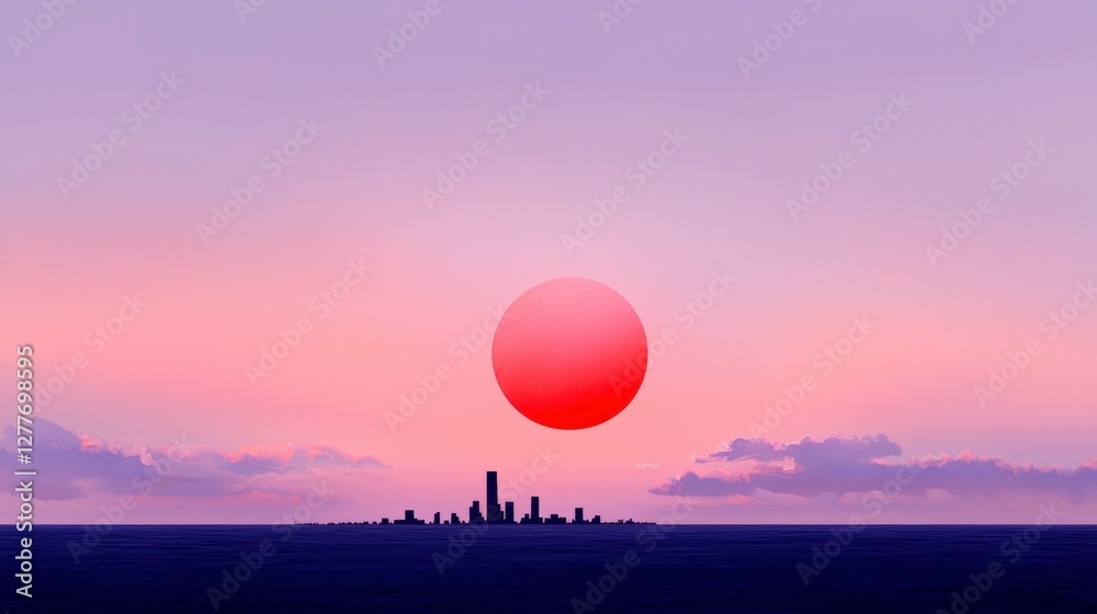 Cityscape Sunset Pink Sky Red Sun Ocean View Cityscape Sunset Pink Sky Red Sun Ocean View