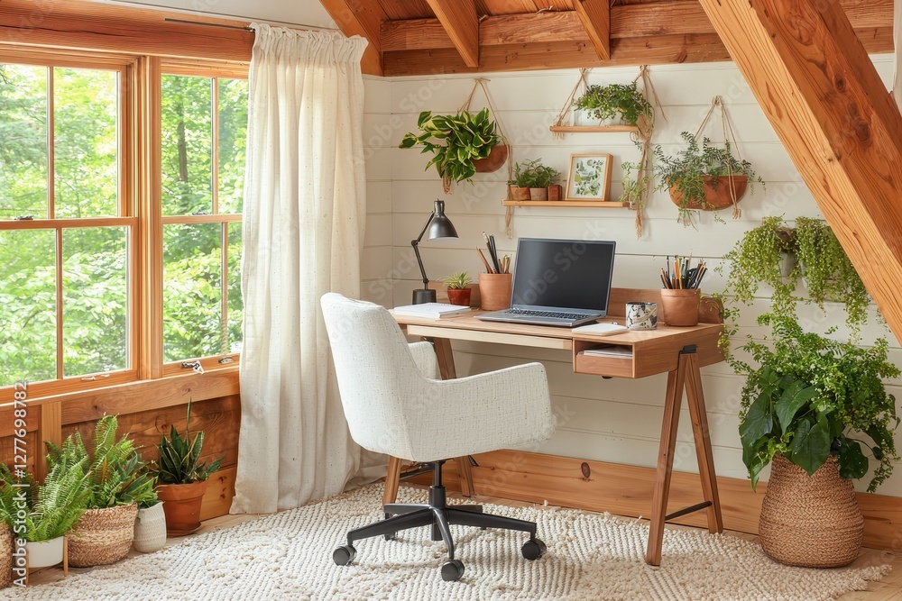 Bright and Airy Home Office in Attic Space with Laptop, Plants, and Natural Light Creating a Cozy and Productive Workspace with Rustic Wooden Accents Bright and Airy Home Office in Attic Space with Laptop, Plants, and Natural Light Creating a Cozy and Productive Workspace with Rustic Wooden Accents