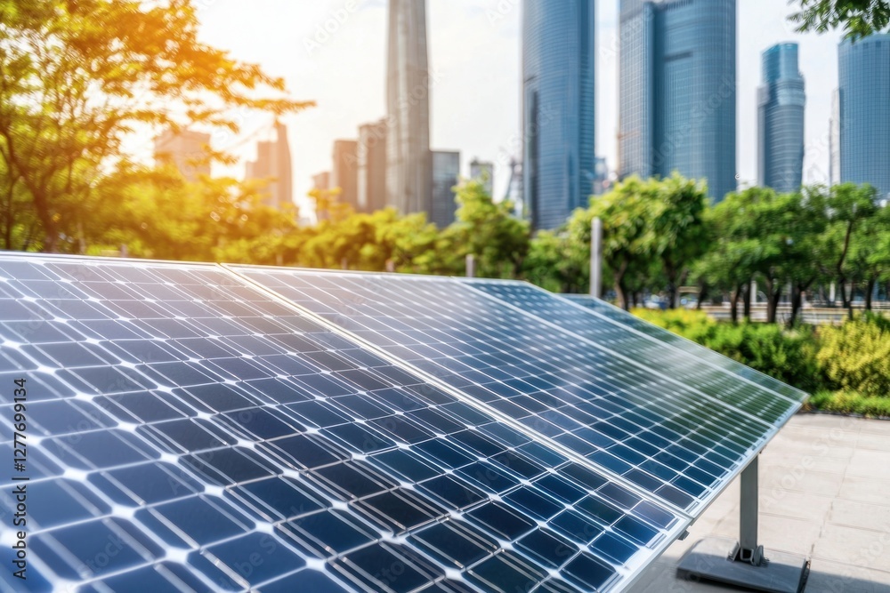 Fototapeta premium Solar panel array in urban setting with modern architecture and green trees for sustainable energy and environmental awareness under bright sunshine