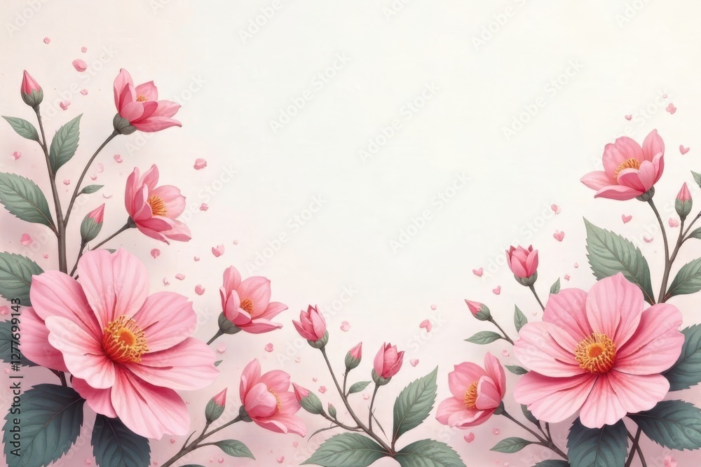 Fototapeta premium Delicate Pink Blossoms Frame a Soft, Elegant Background, Perfect for Invitations or Announcements