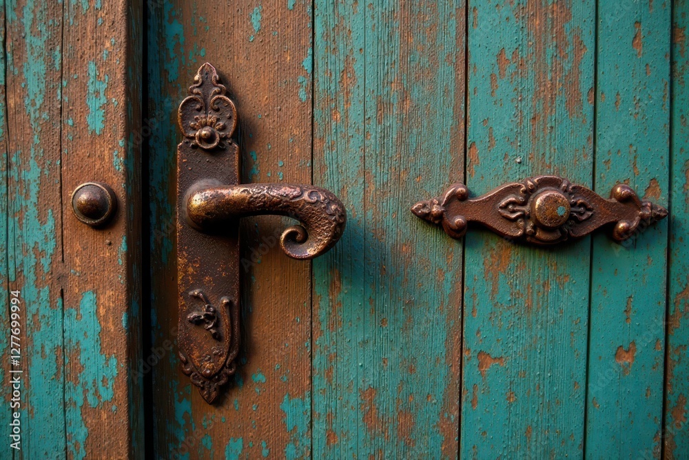 Rustic Charm Ornate Door Hardware on Weathered Teal Wooden Door Rustic Charm Ornate Door Hardware on Weathered Teal Wooden Door