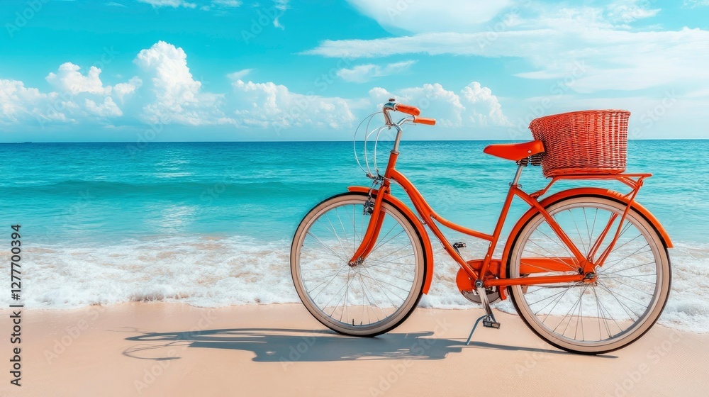 Fototapeta premium Orange Bicycle on Sandy Beach with Ocean View