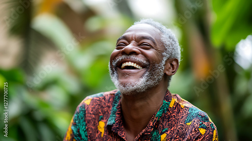 Older man laughing heartily, illustrating healthy aging secrets in happiness, nurtured by his supportive health network, promoting body detoxification processes. 