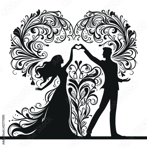 Elegant dancing couple forming a heart with floral elements