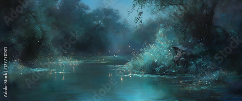 Enchanting fairy by river at night, magical forest background, fantasy art