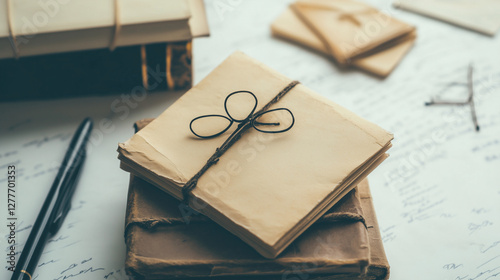 Vintage Letter Bundle: A nostalgic composition of aged letters and documents, elegantly bound with twine, evoking a sense of history, communication, and bygone eras. 
