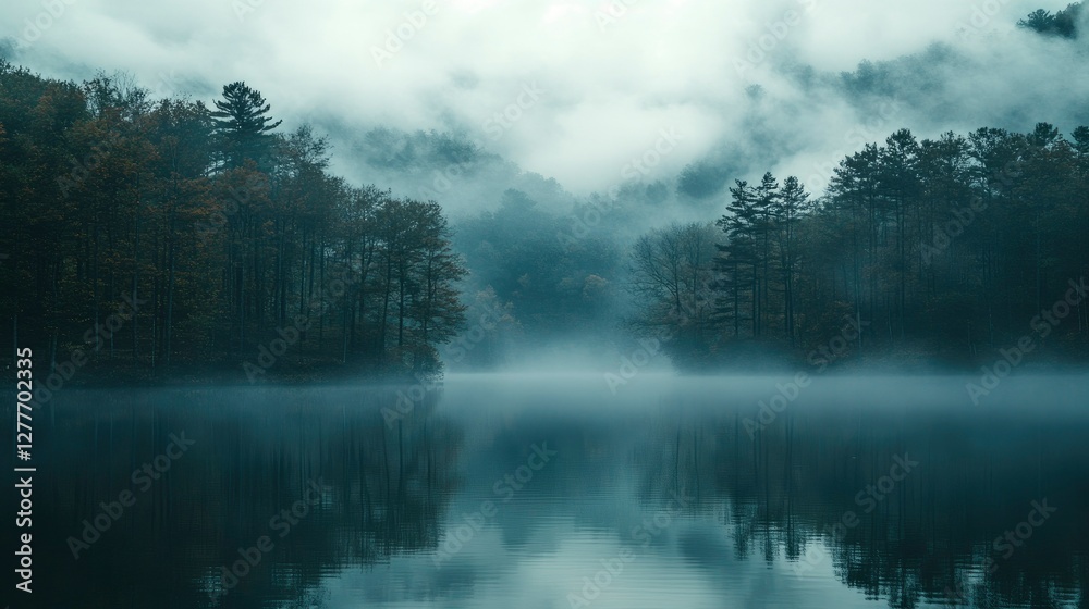 Serene Foggy Lake in the Mountains at Dawn Serene Foggy Lake in the Mountains at Dawn