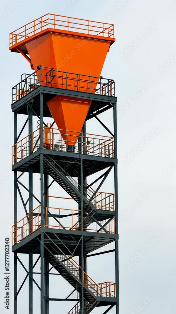 Orange and gray industrial storage silo with stairs and guardrails in a construction area on a cloudy day Orange and gray industrial storage silo with stairs and guardrails in a construction area on a cloudy day