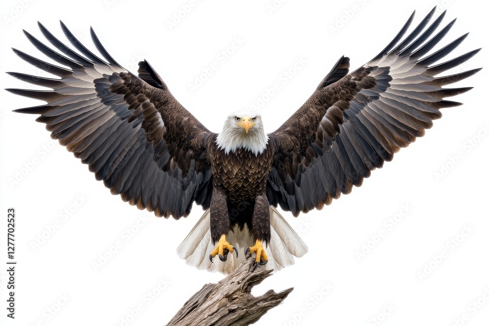 Obraz premium Majestic Bald Eagle on White Background - A powerful bald eagle with wings outstretched, perched on a weathered branch against a pristine white backdrop. Symbolizing freedom, strength, power, vision