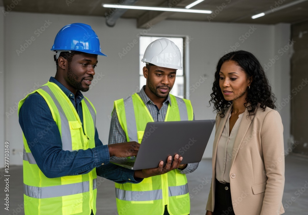 Two workers wearing safety helmets smiling in an industrial warehouse Two workers wearing safety helmets smiling in an industrial warehouse