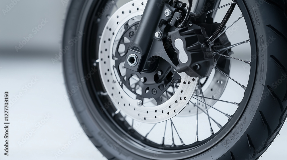 Fototapeta premium Motorcycle Wheel Detail: A close-up shot of a motorcycle wheel, showcasing the intricate design of the spokes, tire, and brake disc.