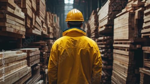 Worker organizing wooden beams in sawmill warehouse industrial environment focused viewpoint
