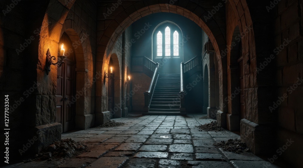 Ancient Stone Hallway with Lit Candles and Majestic Staircase Leading to Light