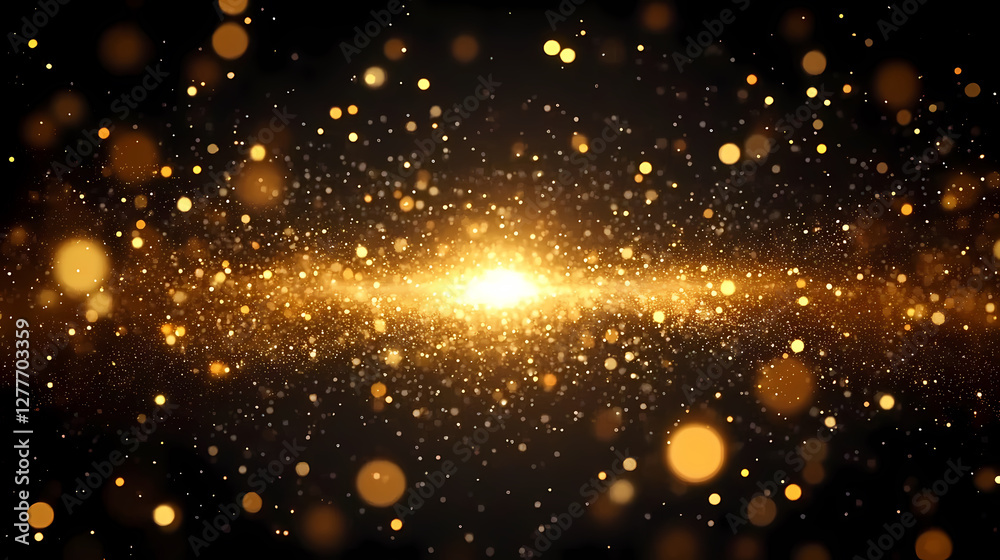 Fototapeta premium Golden Cosmic Dust Swirling Around a Radiant Light Source Against a Black Background