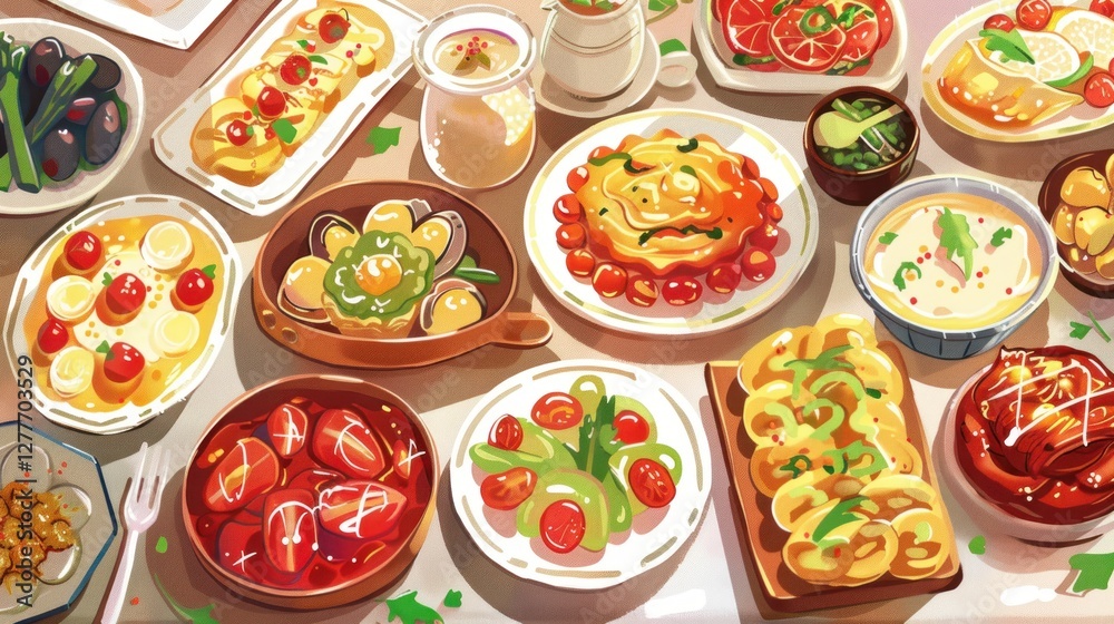 A delicious and artistic vector illustration of food, featuring colorful and appetizing dishes, A delicious and artistic vector illustration of food, featuring colorful and appetizing dishes,