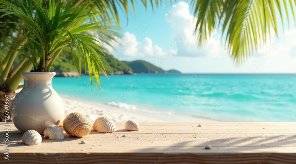 Obraz premium Serene coastal scene with tropical plant in a vase and seashells on a wooden surface, idyllic beach background