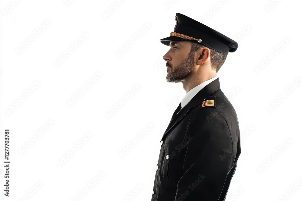 Officer Profile White Background - Profile view of a man in a military- uniform, against a white background. Serious expression Officer Profile White Background - Profile view of a man in a military- uniform, against a white background. Serious expression
