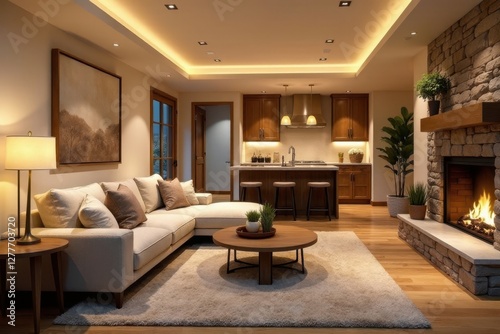 Modern Open Plan Living Room Design with Cozy Fireplace and Island Kitchen