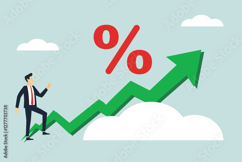 Interest rate, tax or VAT increase, loan and mortgage rate upward trend, investment profit or dividend rising up concept, businessman banker, FED or government put upward arrow on percentage symbol