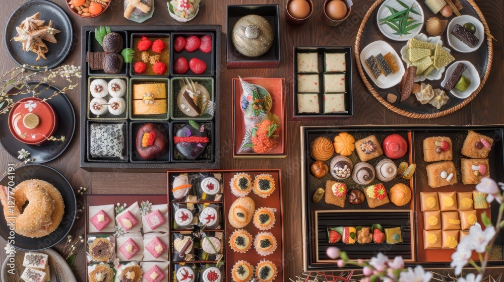 A delightful spread of Japanese snacks and sweets, including senbei and wagashi, A delightful spread of Japanese snacks and sweets, including senbei and wagashi,