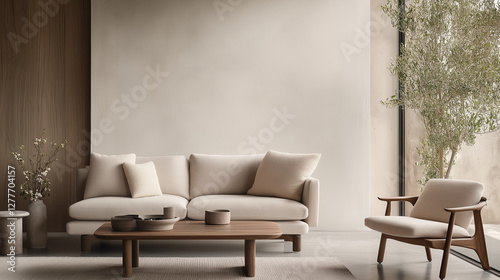 Serene Living Room: a minimalist interior, featuring a comfortable sofa, armchair and wooden table in a spacious setting, a neutral palette, and a large window.